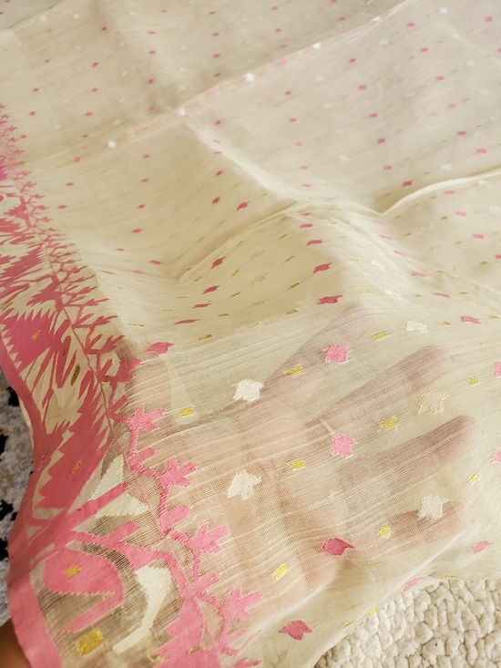 Elegant Pink & Cream Pure Cotton Dhakai Jamdani Saree Handloom Mint Condition main image 8